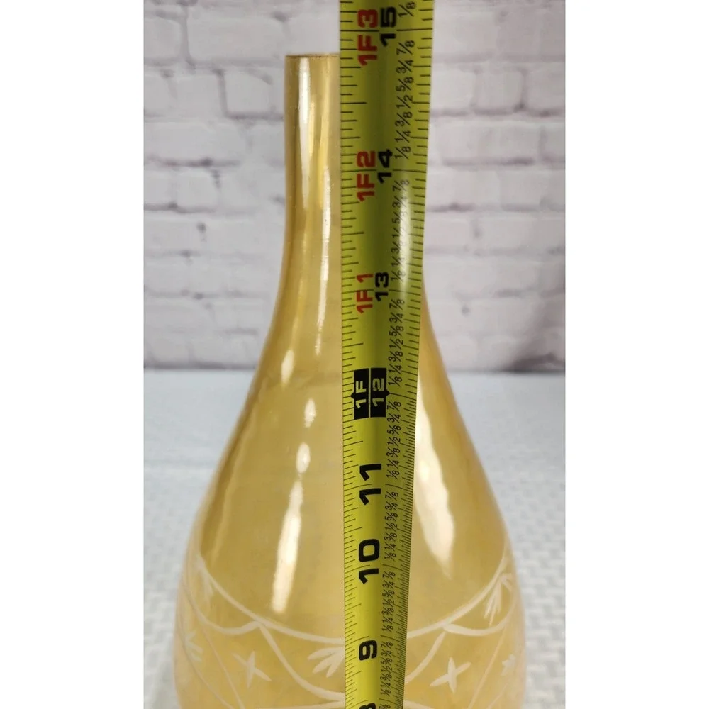 Large Intricately Etched Glass Bottle Handmade Yellow Vase Art Decor 14.75